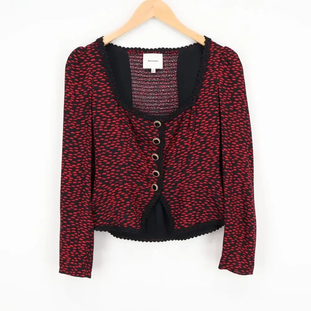 Reformation Nikky Lace Trim Top French Kiss Red Black Size 4 - Picture 2 of 7